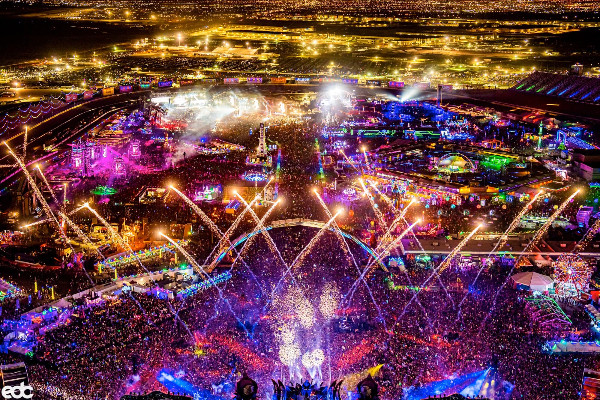 Aerial view of the Electric Daisy Carnival festival grounds at night